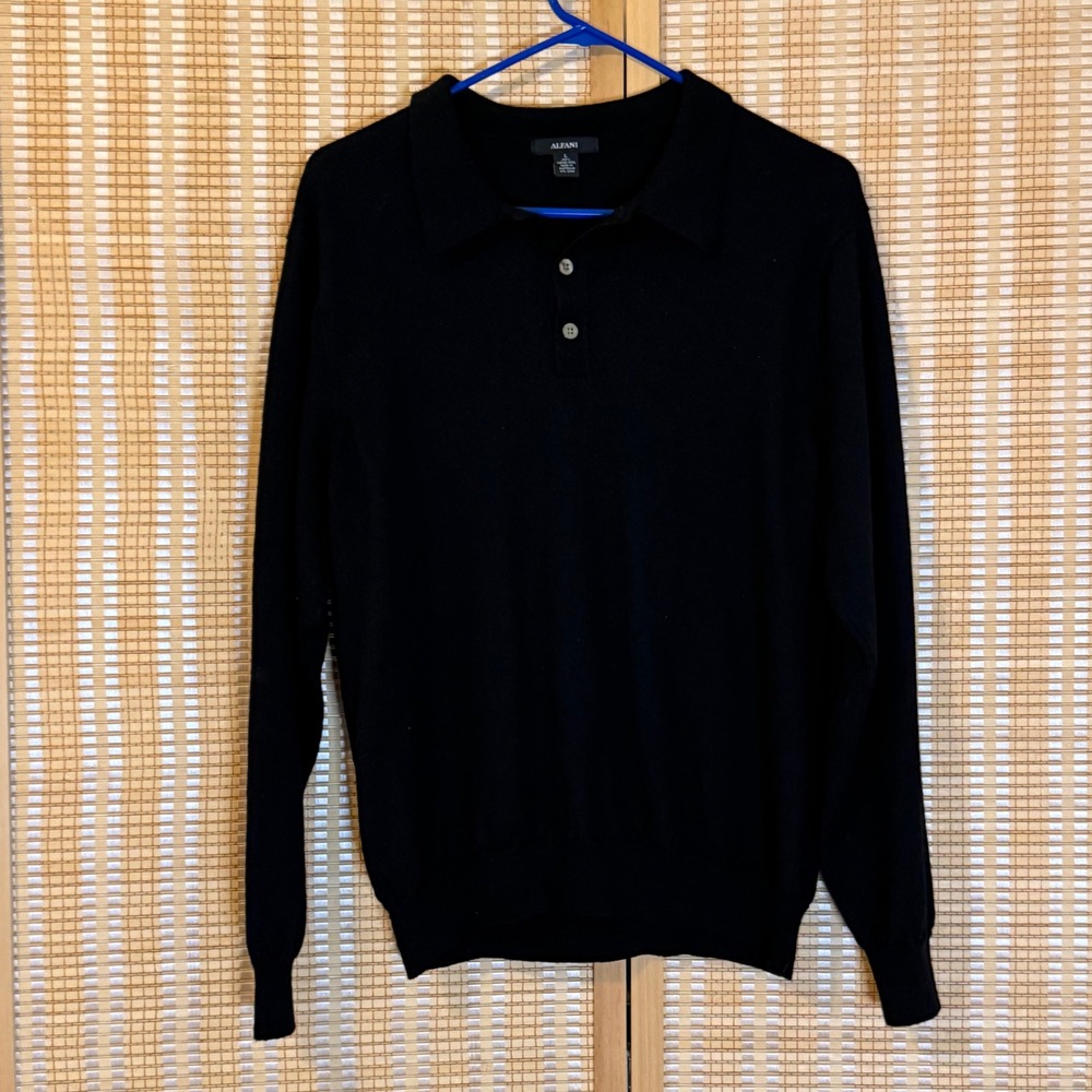 Alfani Mens Black 100% Merino Wool Long Sleeve Polo Sweater Size L Preppy Office